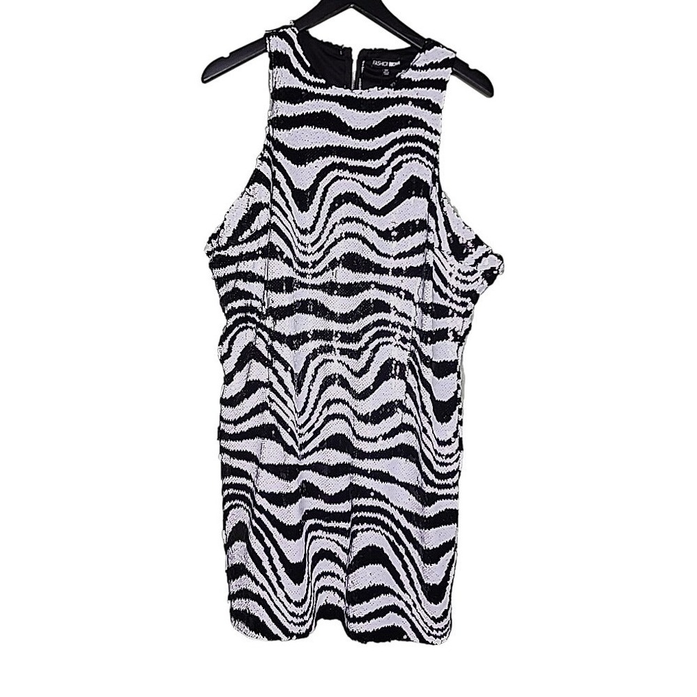 fashion nova eliza sequin mini dress sleeveless black white zebra party 2X